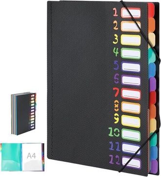 OEM Organizador De Documentos A4 Con 12 Compartimentos, Apertura Plana De 180&deg;, Con Banda El&aacute;stica Y Etiquetas Multicolor, Color Negro