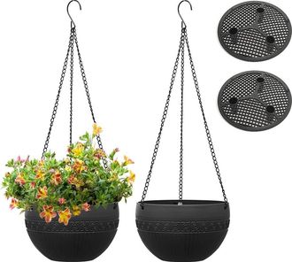 No Brand 2 Macetas Colgantes Para Exteriores Con Orificios De Drenaje, Autorriego Y Cadenas Inoxidables, Aptas Para Uso Interior Y Exterior, Color Negro, 21 Cm