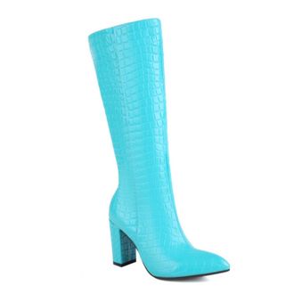 Generic Green,6.5 UK,Womens Leather PU Knee High Boots Pointed Toe Chunky Block Heel Tall Boot Side Zipper Party Club Fall Winter Dress Shoes