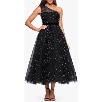 Betsy & Adam Faux Pearl One-Shoulder Tulle Cocktail Dress in Black at Nordstrom, Size 6