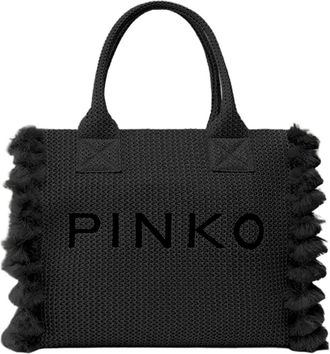 Pinko Raffia Shopping Bag with Contrast Logo and Decorative Details
