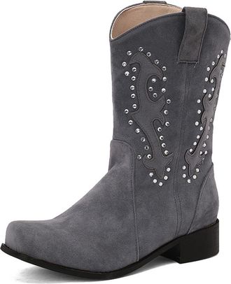 Generic Womens Western Cowboy Boots Suede-Like Fabric Decorative Studs Mid-Calf Low Block Heels Comfortable Fashion Footwear For Casual Outings Country Style,