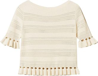 Twin-Set Short-Sleeved Knit Top with Pleated Ruffle