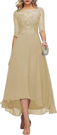 Generic Champagne Chiffon Mothe of The Bride Dresses with Sleeves for Wedding Party Plus Size Tea Length Evening Formal Dress UK20W