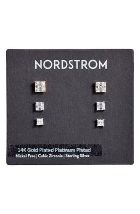 Nordstrom 3-Pack Cubic Zirconia Square Stud Earrings in 14K Gold- Platinum Plating at Nordstrom Rack