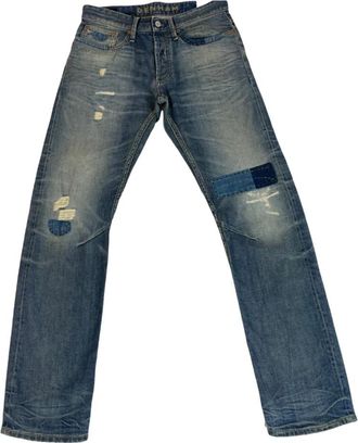 Denham Destroyed Straight Fit Donkerblauwe Jeans met Knoopsluiting - Heren - Regular Fit Jeans - Blauw - W32 L32 - Katoen - Jeans
