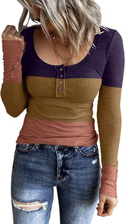 Generic Women Long Sleeve Henley T Shirts UK Button Down Slim Fit Casual Tops V-Neck Ribbed Knit Tunic Shirts 2023