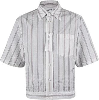 Lanvin Gestreept katoen poplin blouson overhemd - Heren - Korte mouwen Overhemden - Blauw - M - Katoen - Overhemden