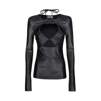 Versace Jeans Couture Long Sleeve T-Shirts, female, Black, XS, Cut-out Long Sleeve Top