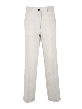 Pomandere Beige Linen-Blend Straight-Leg Pants
