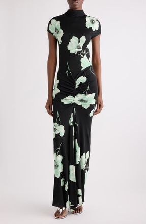 Alaia Floral Print Ruched Jersey Dress in Noir/aqua at Nordstrom, Size 42