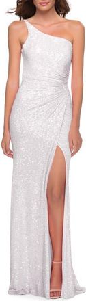 La Femme Sequin Gown with One Shoulder Top and Open Back in White at Nordstrom, Size 0