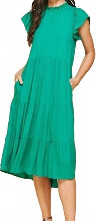 Pinch Design Tiered Cap Sleeve Dress In Deep Green