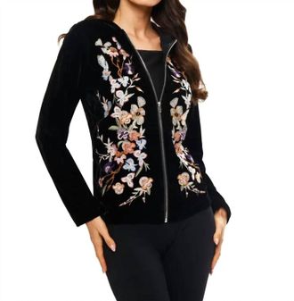 ADORE Embroidered Velvet Zip Up Hoodie In Black