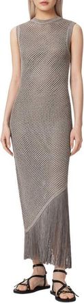AllSaints Jessie Sleeveless Fringe Trim Dress in Pebble Grey at Nordstrom, Size Medium