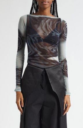 Jean Paul Gaultier Rose Sheer Long Sleeve Mesh Top in White/Grey/Black at Nordstrom, Size X-Small