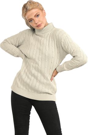 Janisramone Polo High Neck Jumpers for Women UK, Cable Knitted Long Sleeve Ladies Jumpers, Casual Pullover Winter Turtle Neck Tops for Women Size 8-138 Stone