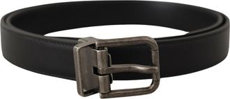 Dolce & Gabbana Black Plain Leather Vintage Logo Metal Buckle Mens Belt