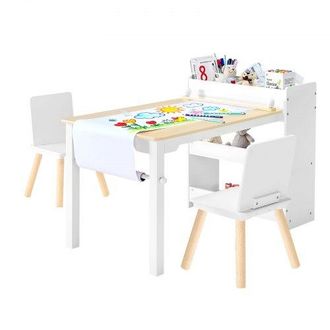 OEM Mesa Infantil, Con 2 Sillas Y Armario De 3 Niveles, Conjunto De Mesa De Arte Para Leer, Aprender, Dibujar Y Escribir, Para Guarder&iacute;a, Blanco, 102,5 X 