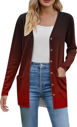 Generic Womens Long Sleeve Cardigan With Pocket - Womens Open Front Cardigans Lightweight Knitted Longline Gradient Casual Outerwear Mid-Lendth Buttons For Ca