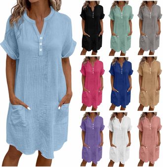 Generic Linen Dresses for Women UK Cap Sleeve Boho Dress Summer Midi Dress with Pockets Button V Neck Beach Shirt Dresses Milkmaid Kaftan Cotton Petite Ladies