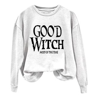 Generic Sweatshirts for Women Oversized Jumpers Womens GOOD WITCH MOST OF THE TIME Lettered Halloween Print Pullover Crew Neck Sweatshirt (White, XXL)