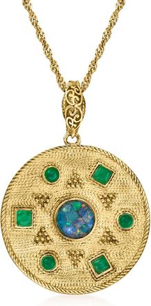 Ross-Simons Black Opal and Green Agate Sun Medallion Pendant Necklace in 18kt Gold Over Sterling