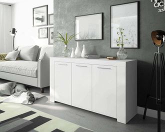 Dmora Aparador Con Tres Puertas Con Tres Baldas Internas, Color Blanco Mate, Medidas 144 X 80 X 42 Cm, Con Embalaje Reforzado - Dmora