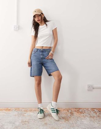 Noisy May high rise baggy denim shorts in mid wash blue