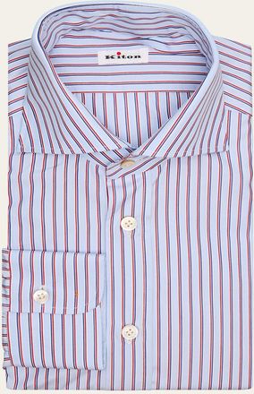 Kiton Mens Multi-Stripe Cotton Spread Collar Dress Shirt