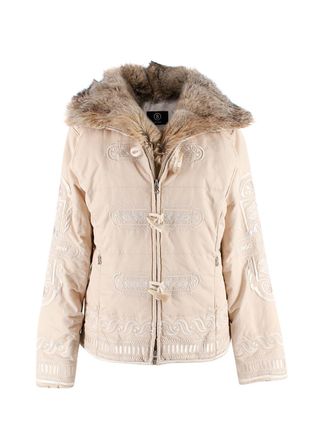 Bogner Cream Embroidered Fox Fur Trim Duffle Jacket Size S
