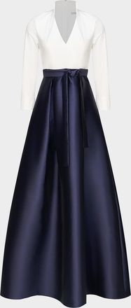 Kay Unger Phoebe 3/4-Sleeve Collared Poplin A-Line Gown