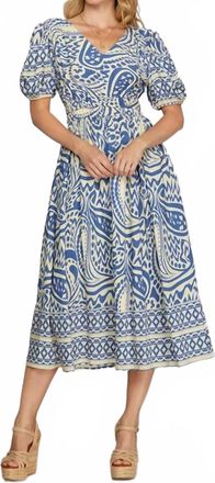 She + Sky Short Sleeve Border Printed Woven Midi Dress In Blue