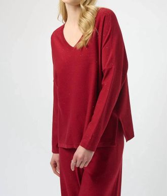 Joseph Ribkoff Sequined Long Sleeve Boxy Top In Deep Cherry