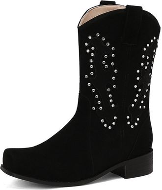 Generic Womens Western Cowboy Boots Suede-Like Fabric Decorative Studs Mid-Calf Low Block Heels Comfortable Fashion Footwear For Casual Outings Country Style,