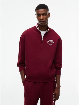 Tommy Hilfiger Mens Embroidered Logo Quarter-Zip Sweatshirt - Burgundy - XL