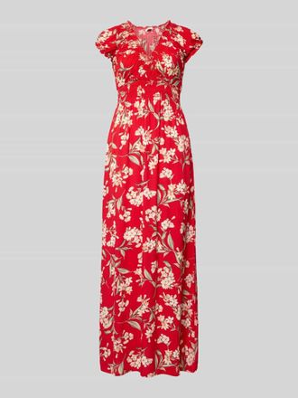 Apricot Maxikleid aus Viskose mit V-Ausschnitt und Smok-Details in Rot, Gr&ouml;&szlig;e XXL