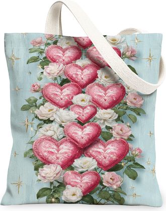 Generic ValentineS Floral Canvas Tote Bag, Heart Pattern Reusable Grocery Bags, Vintage Romantic Lightweight Washable Shoulder Str, Blue, 13x15 Inch