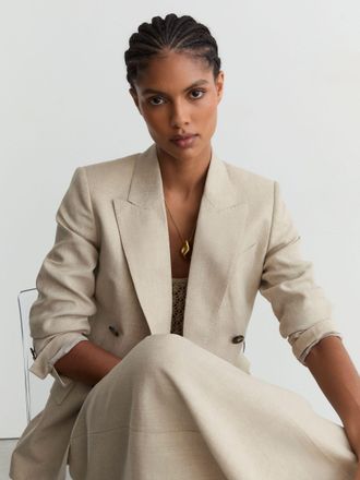 Reiss Neutral Linen Double-breasted Suit Blazer, 10