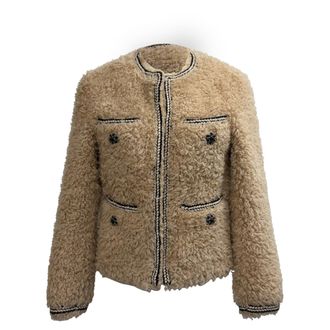 Self Portrait Braided Faux Fur Jacket in Beige Polyester