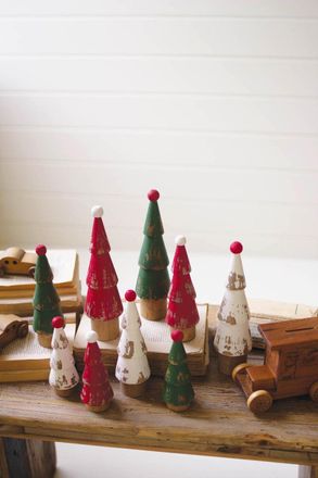 Kalalou Set Of Nine Turned Wood Painted Christmas Trees