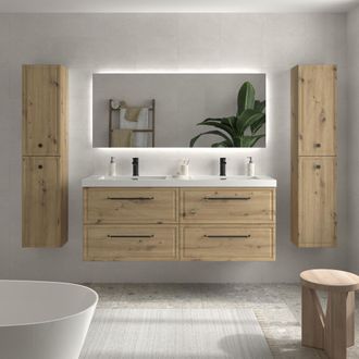 Cygnus Bath Mueble De Ba&ntilde;o Runa 140cm Roble 4 Cajones Lavabo Toscana 2 Pozas Carga Mineral