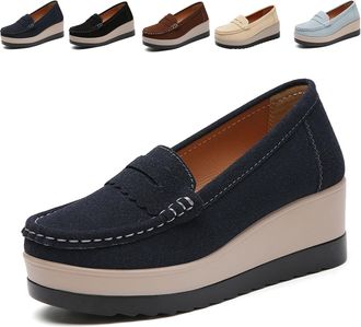 Generic Womens Platform Loafers, Fashionable Thick Sole Wedge Loafers Slip On Casual Shoes Non-SlipHeight Increase (Dark Blue,6.5)