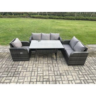 Fimous 6 Seater Garden Rattan Furniture Dining Table Sofa Set Indoor Outdoor with Reclining Chairs Dark Grey Mixed - Fimous