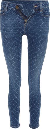 Chanel 2017 dark blue washed denim diamond grid CC button skinny jeans