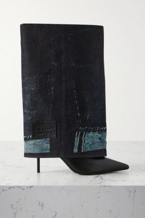 Jimmy Choo London + Jean Paul Gaultier Stivali Cuissard In Pelle E Denim Stampato 90 - Blu
