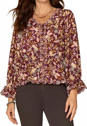 Democracy Long Tie Sleeve V-Neck Printed Woven Top In Floral