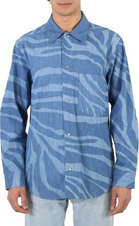 Roberto Cavalli Mens Dark Blue Macro Zebra-print Denim Shirt, Brand Size 50 ( US Size 40 )