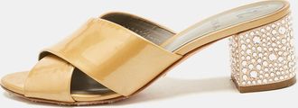 Gina Beige Patent Leather Crisscross Crystal Embellished Block Heel Sandals