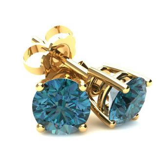 Pompeii3 1.25Ct Round Brilliant Cut Heat Treated Blue Diamond Stud Earrings in 14K Gold Basket Setting